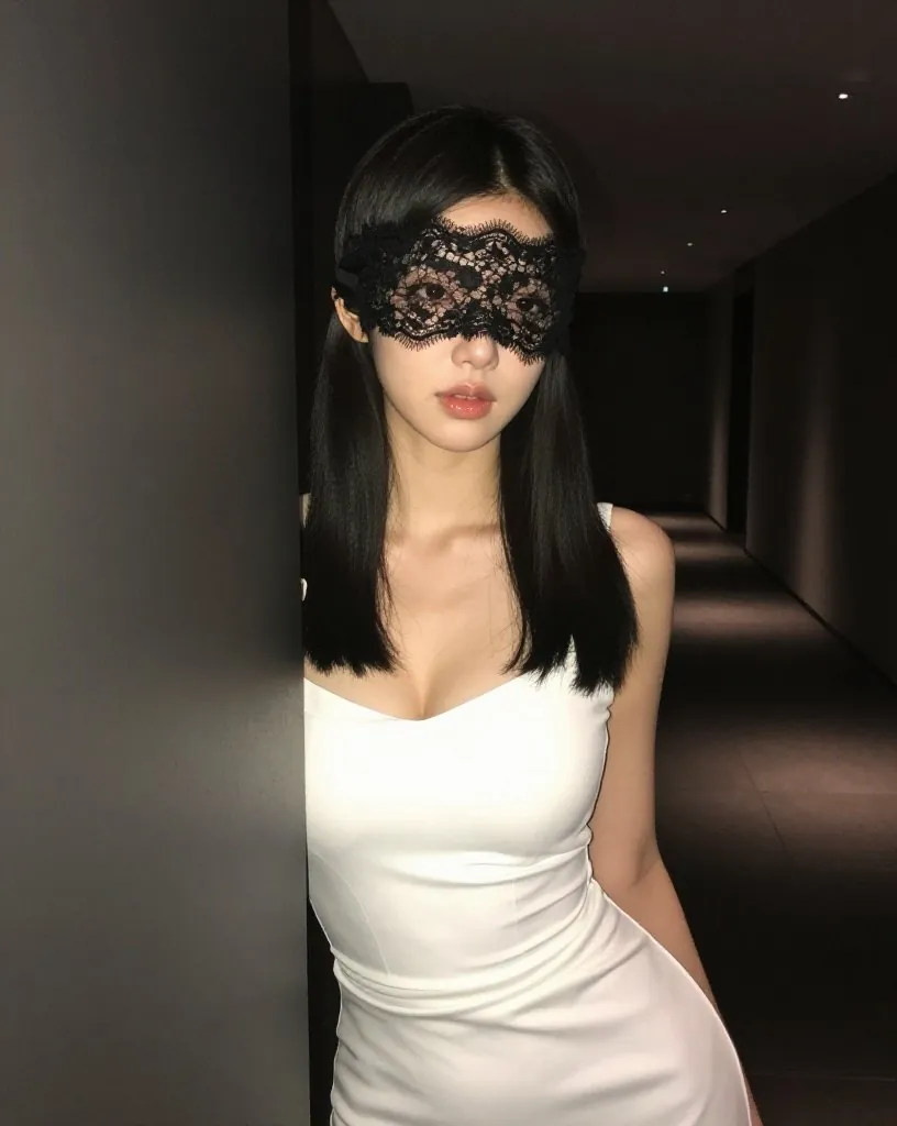 흰 원피스를 입고 복도에 선 여성