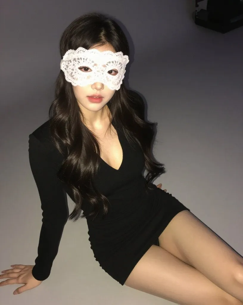 흰 레이스 가면을 쓰고 긴소매 검은 원피스 차림으로 바닥에 앉은 여성