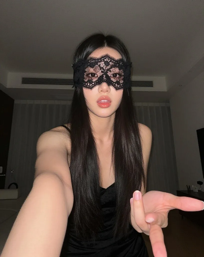 검은 레이스 가면을 쓰고 검은 원피스 차림으로 한 손을 내민 여성