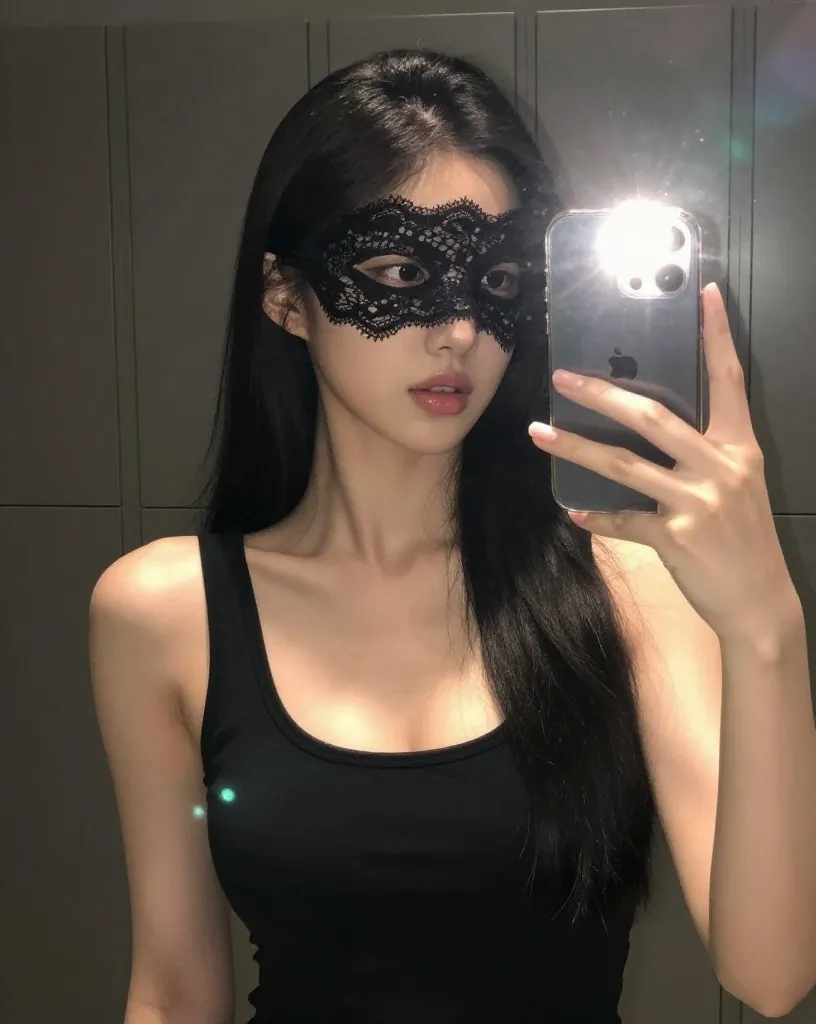 검은 레이스 가면을 쓰고 검은 민소매 원피스 차림으로 거울 앞에서 휴대폰을 든 여성