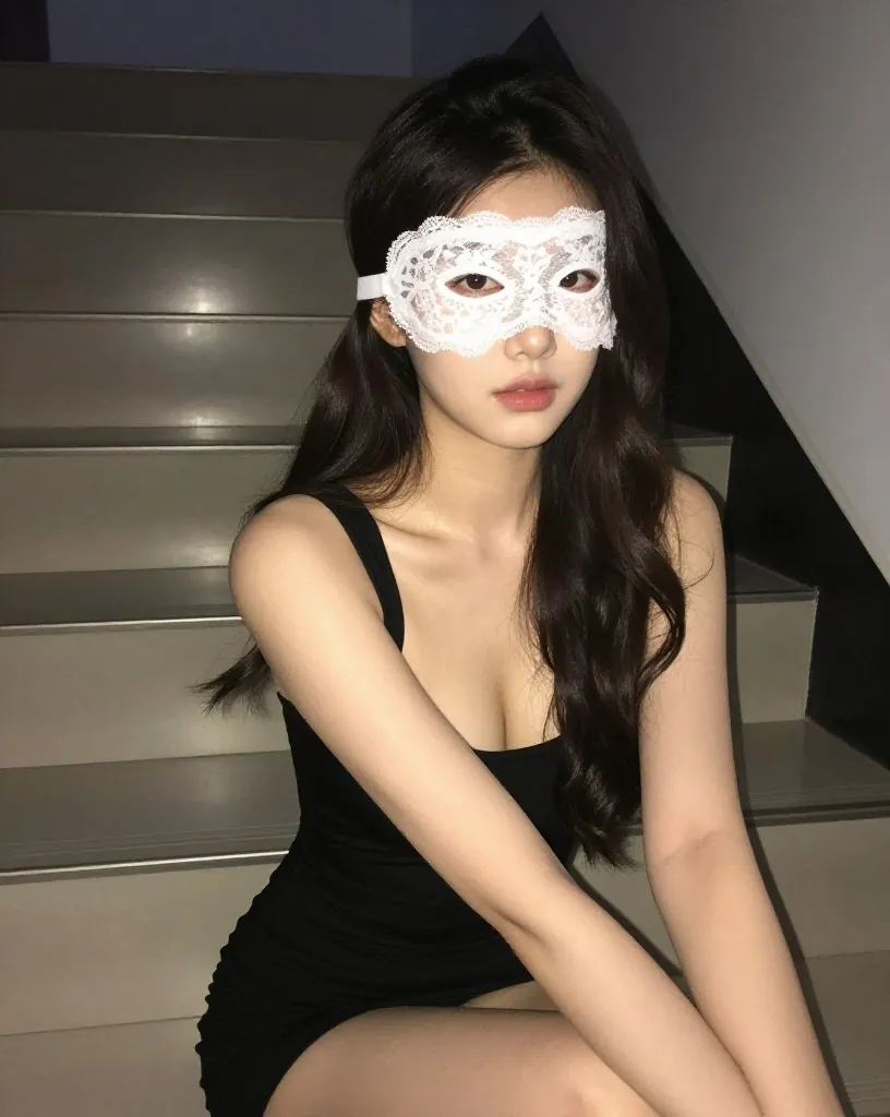 흰 레이스 가면을 쓰고 검은 민소매 원피스 차림으로 계단에 앉은 여성