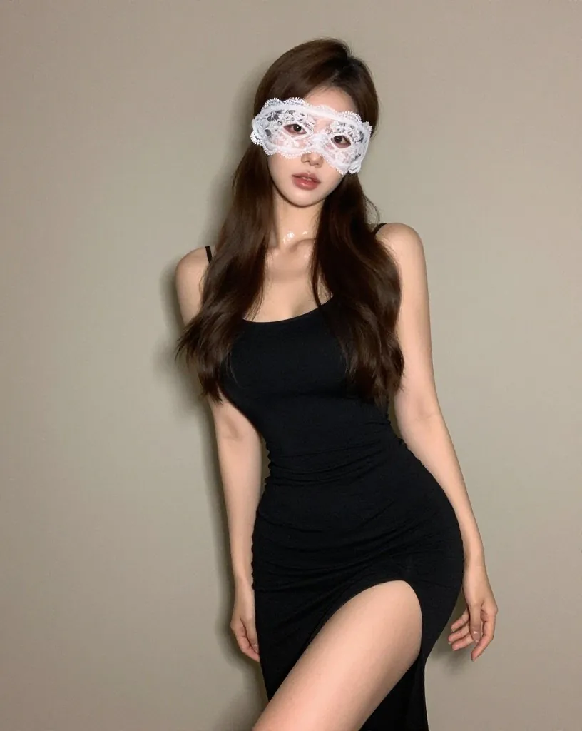 검은 원피스를 입고 벽 앞에 선 여성