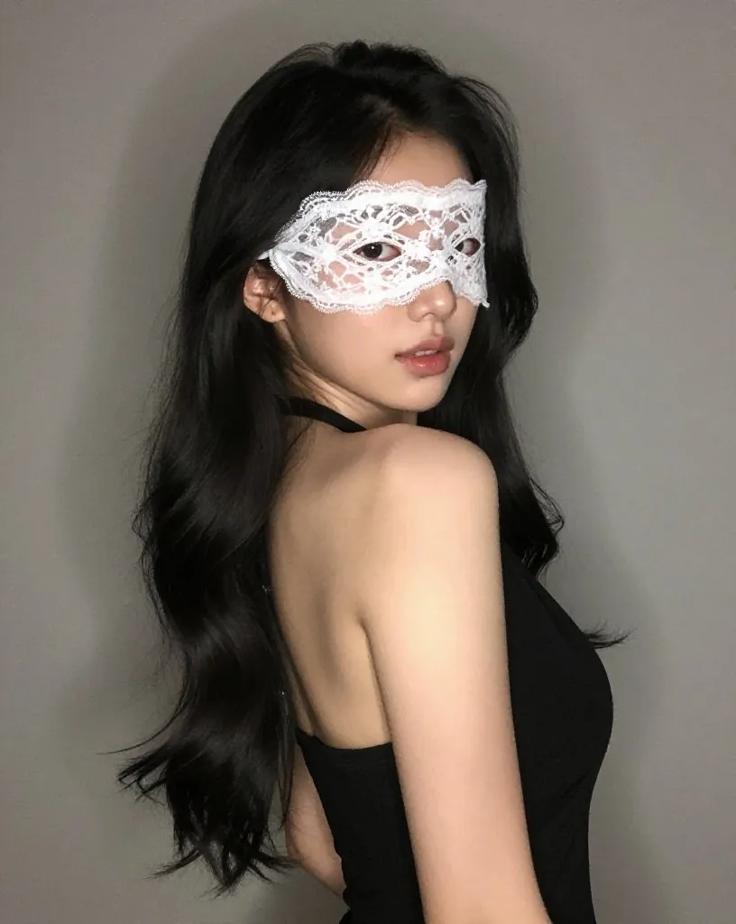 흰 가면을 쓰고 검은 원피스를 입은 여성